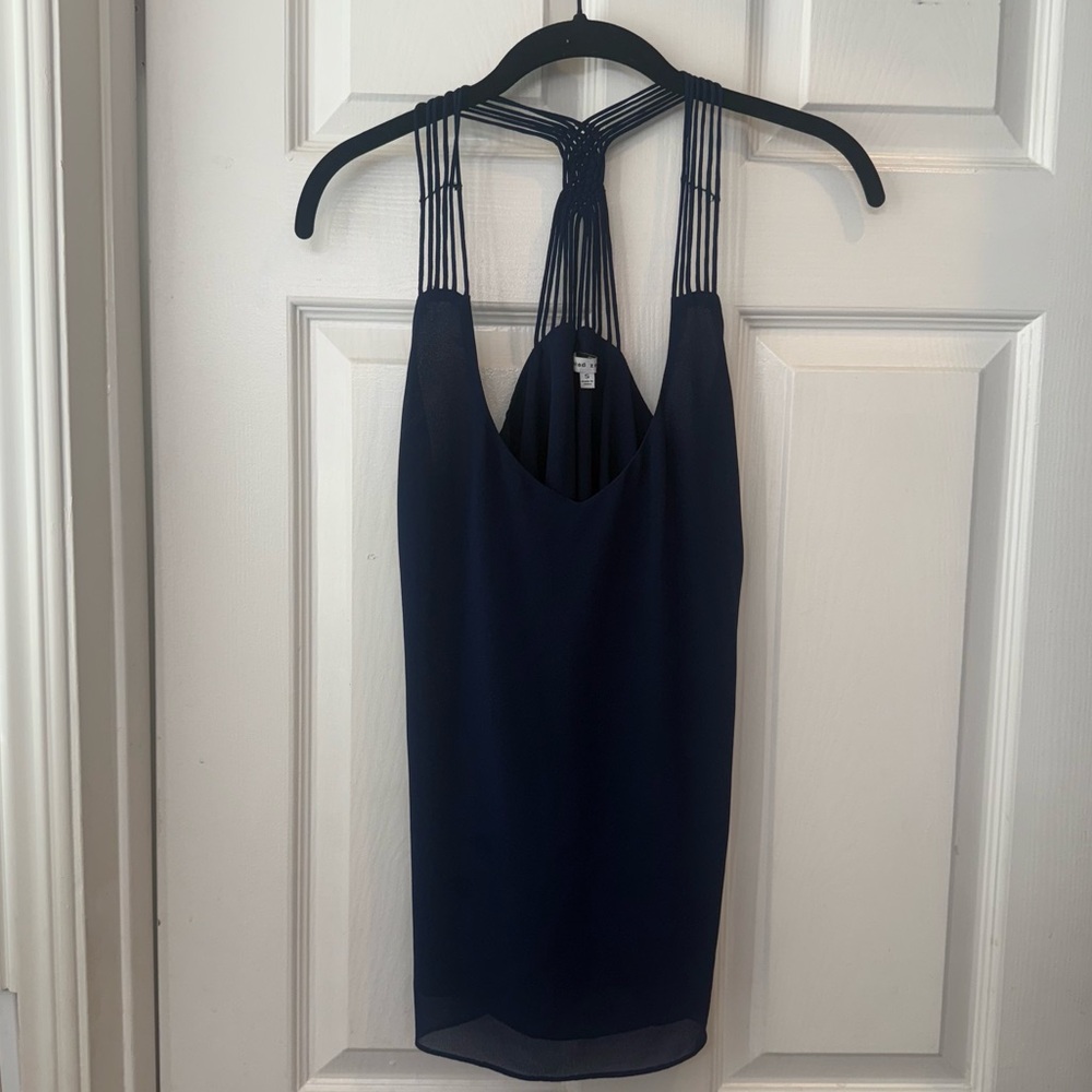 Elegant Navy Blue Women's Top, Naked Zebra Criss Cross Back Blouse, Work Blouse - Picture 2 of 6